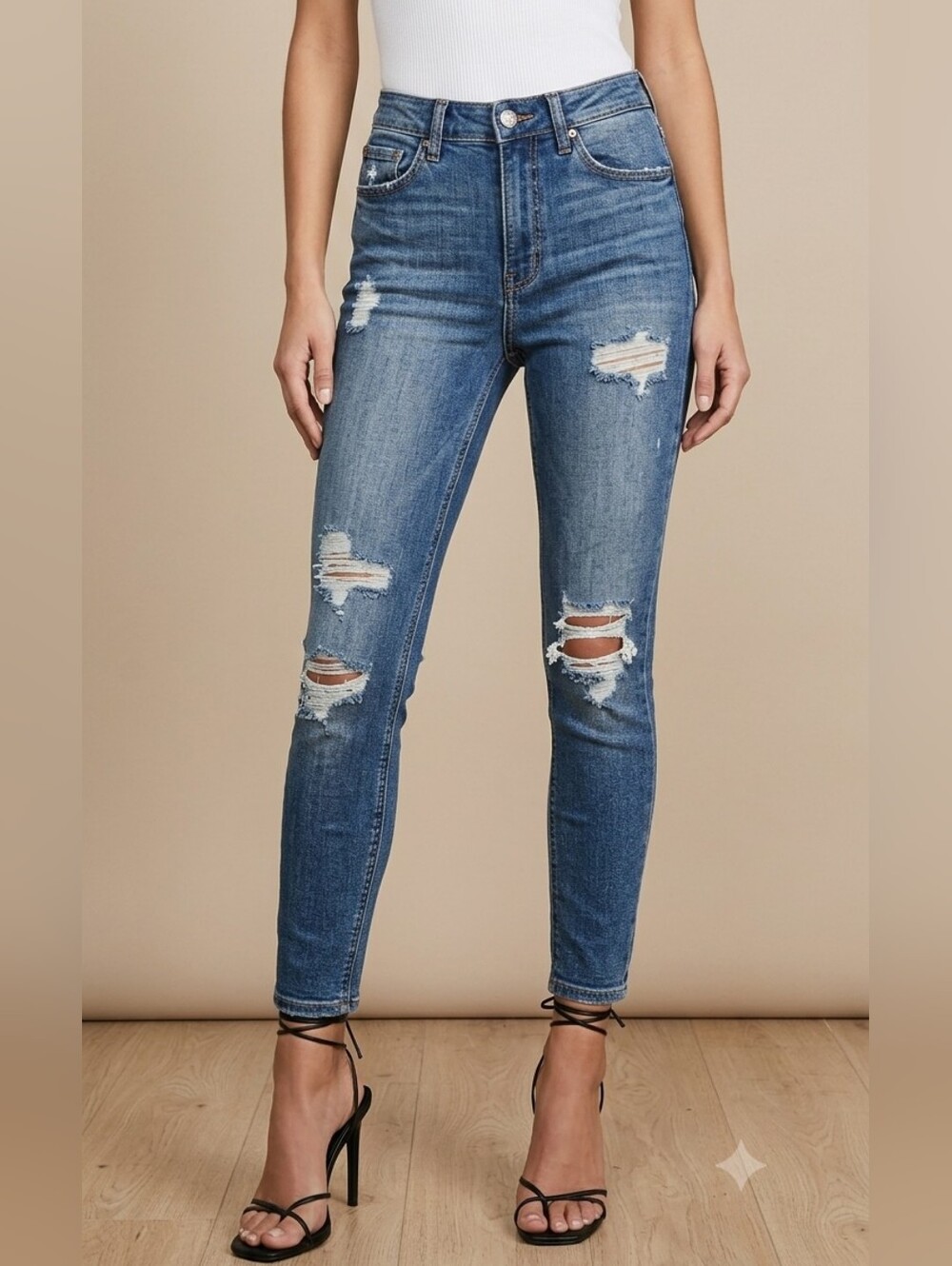 Y2K Fashion Nova Mid Rise Stretch Medium Wash Distressed Skinny Jeans Size 5